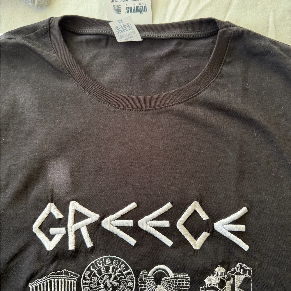 Olympus Black Tee with White Greece Embroidery